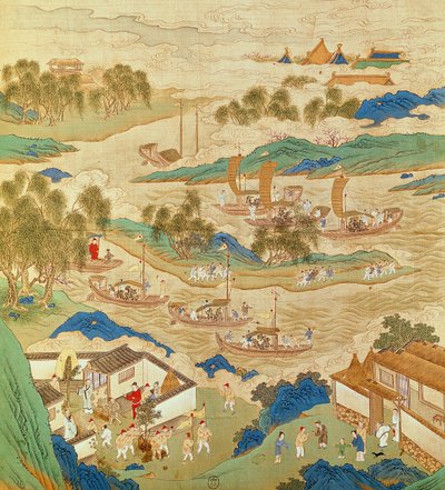 Emperador Hui Tsung (r.1100-26) transportando piedras perforadas y árboles de formas extrañas, de una Historia de los Emperadores de China de Chinese School