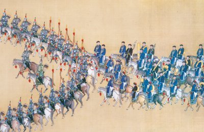 Revisión del emperador Qianlong del gran desfile de tropas, rollo de mano de Chinese School
