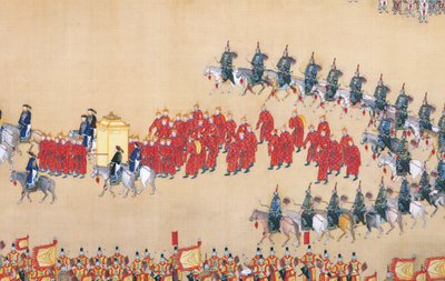 Revisión del emperador Qianlong del gran desfile de tropas, rollo de mano de Chinese School