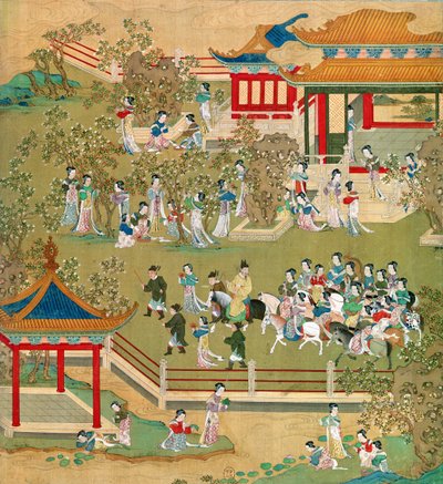 El Emperador Yang Ti (581-618) paseando en sus jardines con sus esposas, de una historia de los emperadores chinos de Chinese School