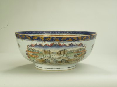 Cuenco de ponche Famille rose con panel ovalado de follaje que representa el Hospital Foundling en la década de 1750, Período Qianlong (1736-95) c.1790 de Chinese School