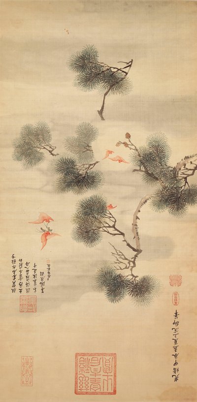 Cinco murciélagos entre una rama de pino de Chinese School