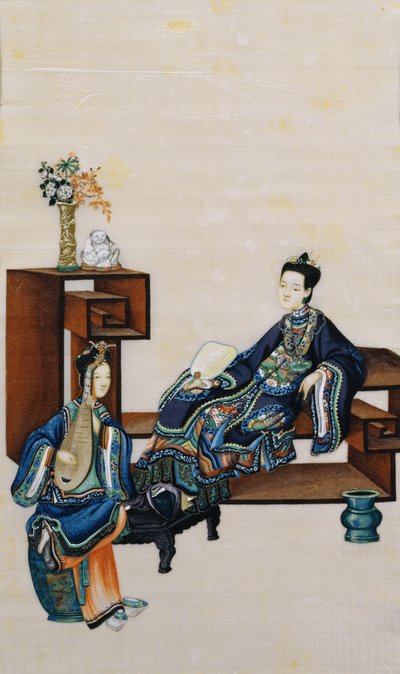Dama reclinada con un sirviente tocando un instrumento musical de Chinese School