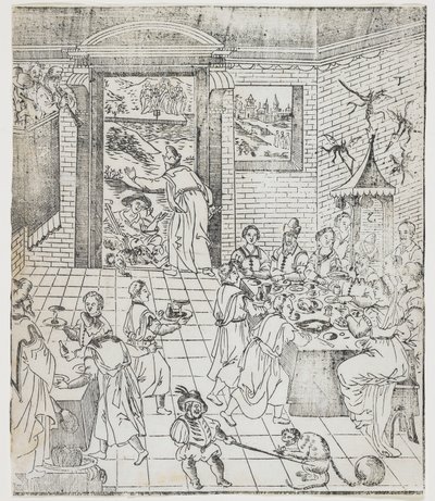 Lázaro en la casa del hombre rico, placa de Giulio Alenis Tianzhu jiangsheng zhuxiang jingjie (Una historia ilustrada del Señor del Cielo que se encarnó en la carne), Iglesia de Jinjiang, Fuji de Chinese School