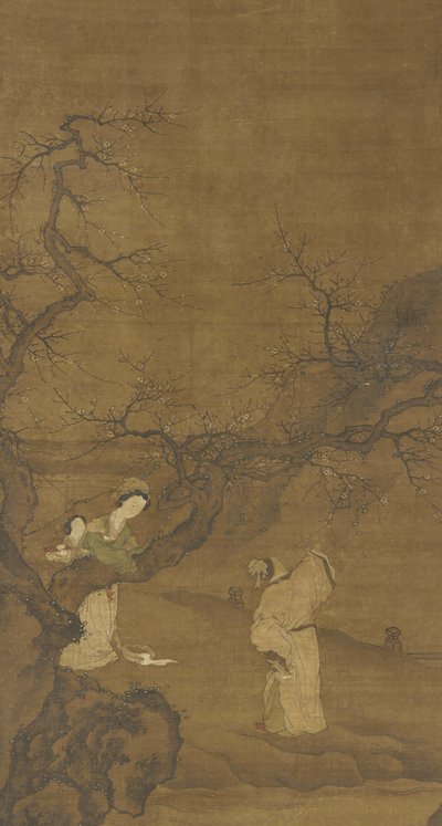 Hombre y mujer disfrutando de flores de ciruelo, dinastía Ming o Qing, siglo XV-XVIII de Chinese School