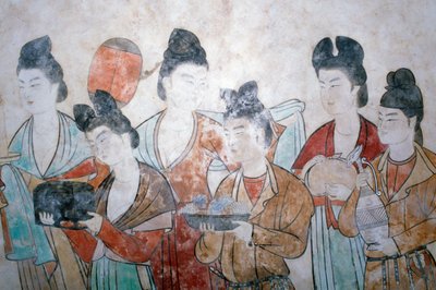 Ofrenda de regalos, pintura mural de la tumba de Wu Tse Tien, tumbas de Chien, Dinastía Tang, China, Shan Xi, siglo VIII de Chinese School