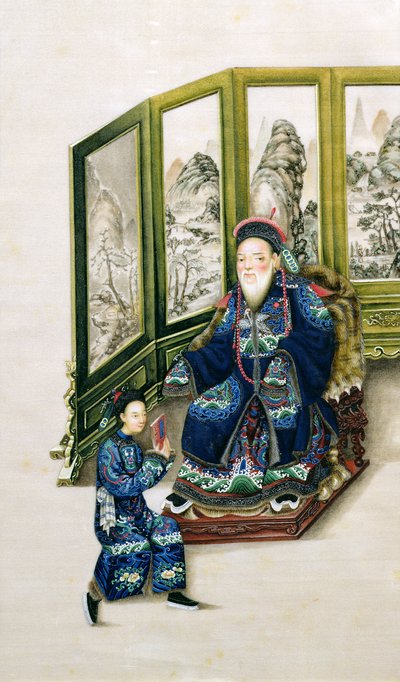 Anciano Sentado con un Sirviente Leyendo de Chinese School