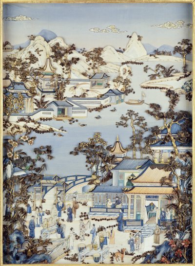 Paneles que representan figuras en una terraza, período Qianlong, 1736-95 de Chinese School