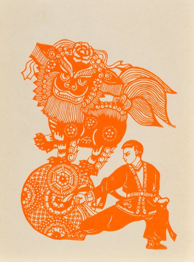 Recorte de papel que muestra una danza del león de Chinese School
