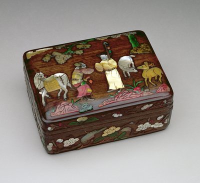 Caja rectangular tzu-tan, que muestra un mensajero imperial que viene a obtener la liberación de Su Wu, hecha por el taller de la familia Chou, mediados-finales de la dinastía Ming 1368-1644 de Chinese School