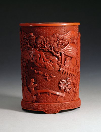 Pote de pincel rojo moldeado, que muestra al famoso calígrafo Wang Hsi-chih (c.307-365 d.C.) sentado en su retiro en el pabellón, mirando a los gansos en un estanque y un niño cruzando un puente, dinastía Ching, periodo Qianlong de Chinese School