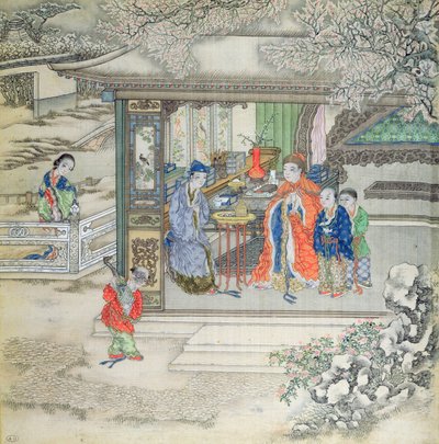 Escena en un jardín con una familia recibiendo visitantes (gouache sobre seda) de Chinese School