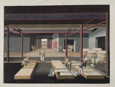 El Embalaje y Empaque de Tazones y Platos, lámina 12 de una serie de doce que representan el proceso de fabricación de porcelana china, siglo XIX de Chinese School