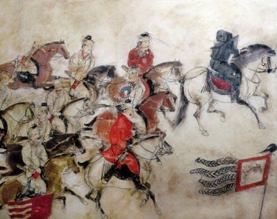 Tumba del Príncipe Zhanghuai, escena de caza con caballos, Xian, período Han, 706 (mural) de Chinese School