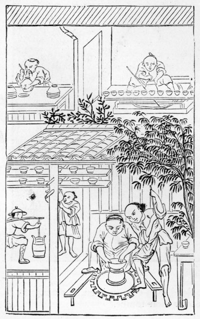 Torneado de cuencos, de una serie de ilustraciones sobre la fabricación de porcelana de Chinese School