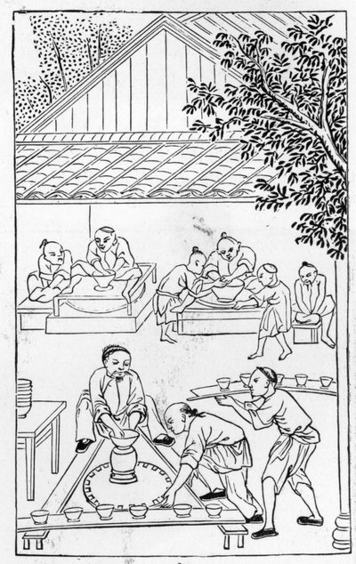 Torneado de tazas, de una serie de ilustraciones sobre la fabricación de porcelana de Chinese School