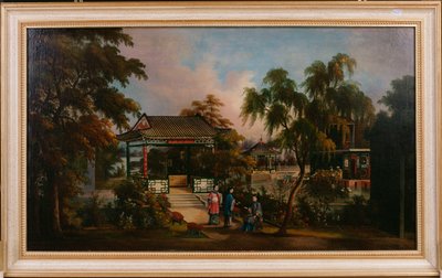Vista del Jardín de Howqua en Cantón con damas en un pabellón, c.1850 de Chinese School