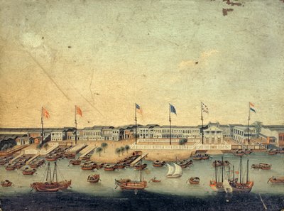 Vista de los Hongs en Cantón con las fábricas danesa, austriaca, americana, sueca, británica y holandesa de Chinese School