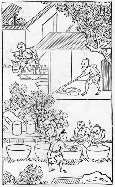Lavando la arcilla, de una serie de ilustraciones de la fabricación de porcelana de Chinese School