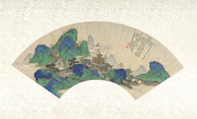 Palacios de los Inmortales, abanico plegable montado como hoja de álbum, 1753 de Chinese School Chinese School