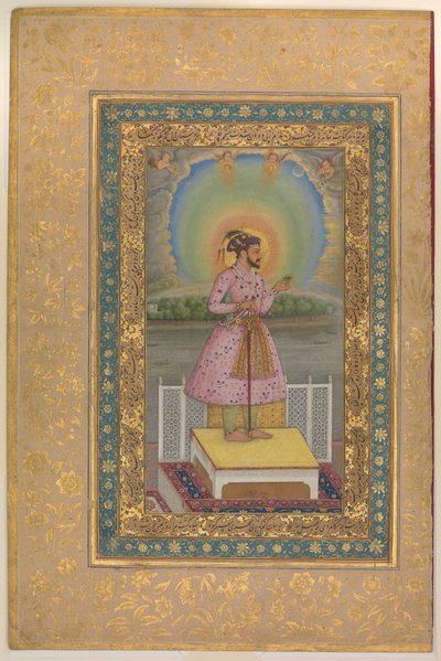 Shah Jahan en una terraza, sosteniendo un colgante con su retrato, folio del álbum Shah Jahan, recto: 1627-28 de Chitarman