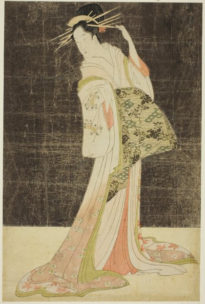 Una selección de belleza de los barrios del placer (Seiro bijin awase): Cortesanas contratadas para las vacaciones de Año Nuevo - Takigawa del Ogiya de Chobunsai Eishi