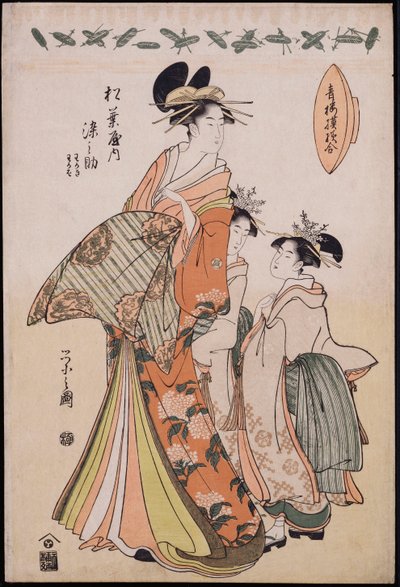 Retrato de cuerpo entero de la cortesana Somenosuke acompañada por dos Kamuro de Chobunsai Eishi