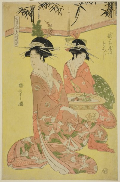 Bellezas parodiando a los siete sabios - Una selección de cortesanas jóvenes (Shichi kenjin yatsushi bijin shinzo zoroe): Momiji de Echizenya de Chobunsai Eishi
