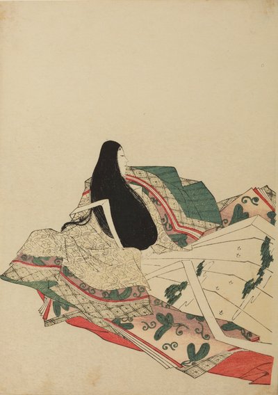 Dama de corte sentada, vista de tres cuartos por detrás, lámina del álbum: Nishiki-zuri onna sanju rokkasen e-zukushi de Chobunsai Eishi