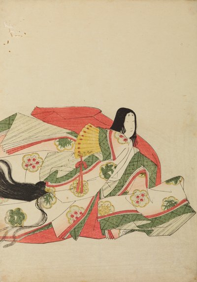 Dama de la corte sentada con un abanico amarillo, lámina del álbum: Nishiki-zuri onna sanju rokkasen e-zukushi de Chobunsai Eishi