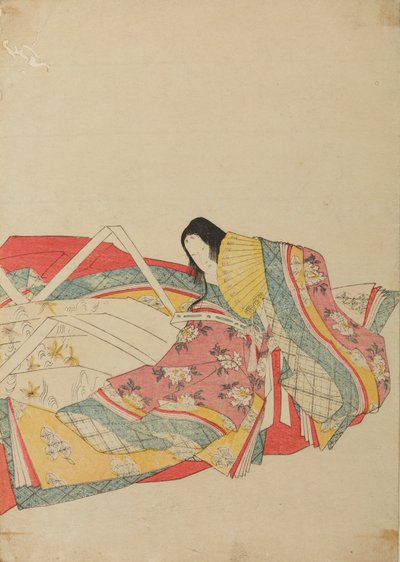 Dama de corte sentada con abanico amarillo, lámina del álbum: Treinta y seis poetisas / Nishiki-zuri onna sanju rokkasen e-zukushi de Chobunsai Eishi