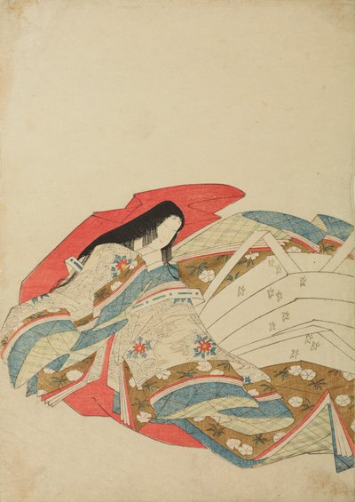 Dama de corte sentada, vuelta hacia la izquierda, lámina del álbum: Nishiki-zuri onna sanju rokkasen e-zukushi de Chobunsai Eishi