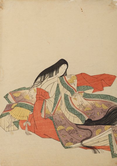Dama de corte sentada, vuelta hacia la izquierda, lámina del álbum: Nishiki-zuri onna sanju rokkasen e-zukushi de Chobunsai Eishi