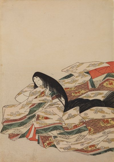 Dama de corte sentada, vuelta hacia la izquierda, lámina del álbum: Nishiki-zuri onna sanjū rokkasen e-zukushi de Chobunsai Eishi