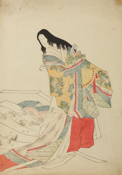 Dama de la corte de pie con abanico, lámina del álbum: Nishiki-zuri onna sanju e-zukushi de Chobunsai Eishi