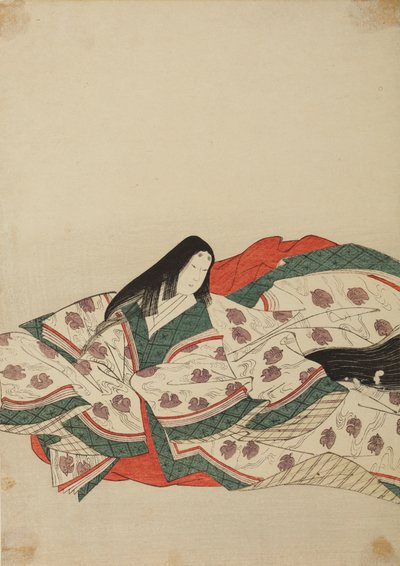Dama de la corte con kimono blanco con motivo de patitos sobre el agua, lámina del álbum: Nishiki-zuri onna sanju rokkasen e-zukushi de Chobunsai Eishi