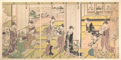 Homenaje a los tres dioses de la poesía: mujeres componiendo poemas de Chobunsai Eishi