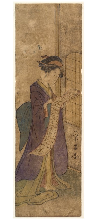 Dama leyendo una larga carta en pergamino de Chobunsai Eishi