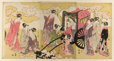 Mujer noble en un carruaje viendo flores de cerezo de Chobunsai Eishi