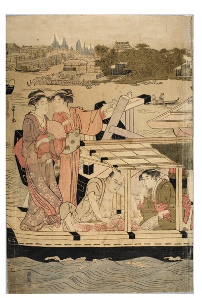 Parte de un pentaptych horizontal de la escena del río Sumida de Chobunsai Eishi