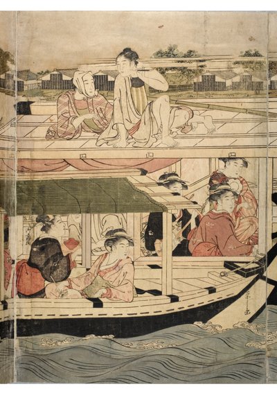 Parte de un pentatíptico horizontal de la escena del río Sumida de Chobunsai Eishi