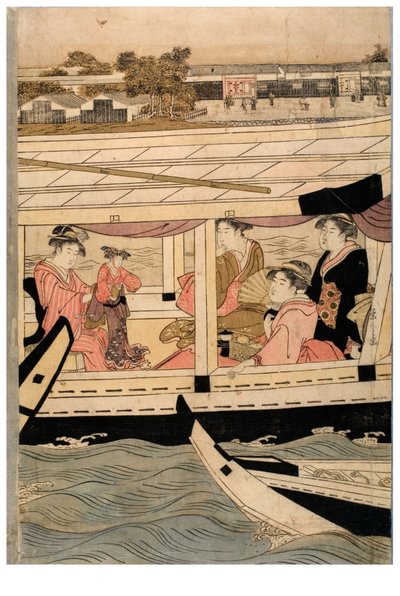 Parte de un pentatíptico horizontal de la escena del río Sumida de Chobunsai Eishi