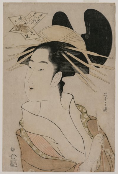 Retrato de una cortesana sosteniendo una pipa..., mediados de la década de 1790 de Chobunsai Eishi