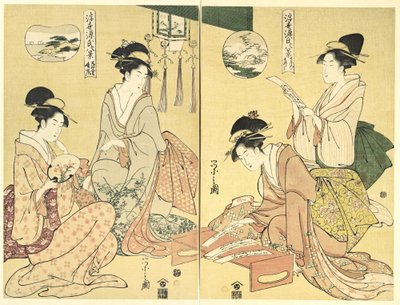 Invocador de espíritus; gansos salvajes que regresan a casa (Maboroshi; Rakugan) (derecha) y un fino velo de nubes; tiempo que despeja (Usugumo; Seiran) (izquierda), de la serie Ocho vistas de El relato de Genji en el mundo flotante (Ukiyo Genji hakkei) de Chobunsai Eishi
