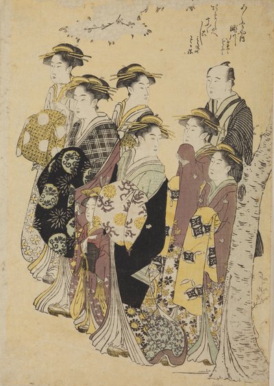 Seis oiran de paseo con una niña y un hombre de Chobunsai Eishi