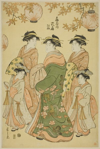 La cortesana Hanaogi del Ogiya, con los asistentes infantiles Yoshino y Tatsuta de Chobunsai Eishi