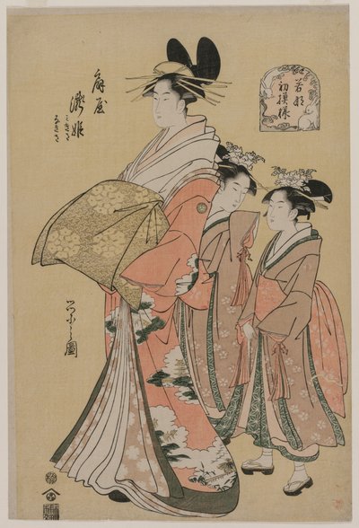 La Cortesana Takihime y Asistentes de la serie Nuevos Patrones de Verdes Jóvenes, 1795 de Chobunsai Eishi