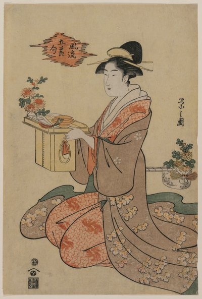 Mujer Sosteniendo un Soporte de Taza de Madera Decorado con Crisantemos (de la serie Imágenes Elegantes de los Cinco Festivales Estacionales) de Chobunsai Eishi