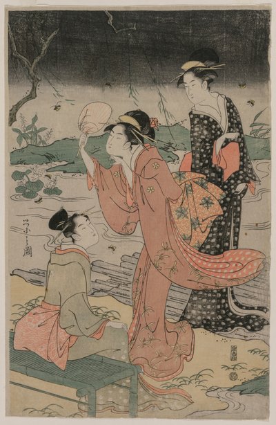 Mujeres junto a un arroyo persiguiendo luciérnagas, mediados de la década de 1790 de Chobunsai Eishi
