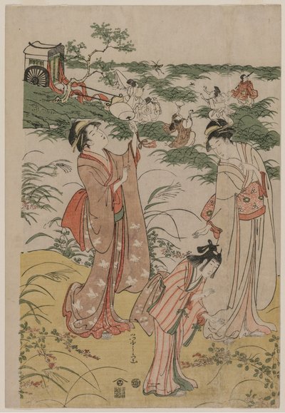 Mujeres persiguiendo grillos en un páramo otoñal de Chobunsai Eishi